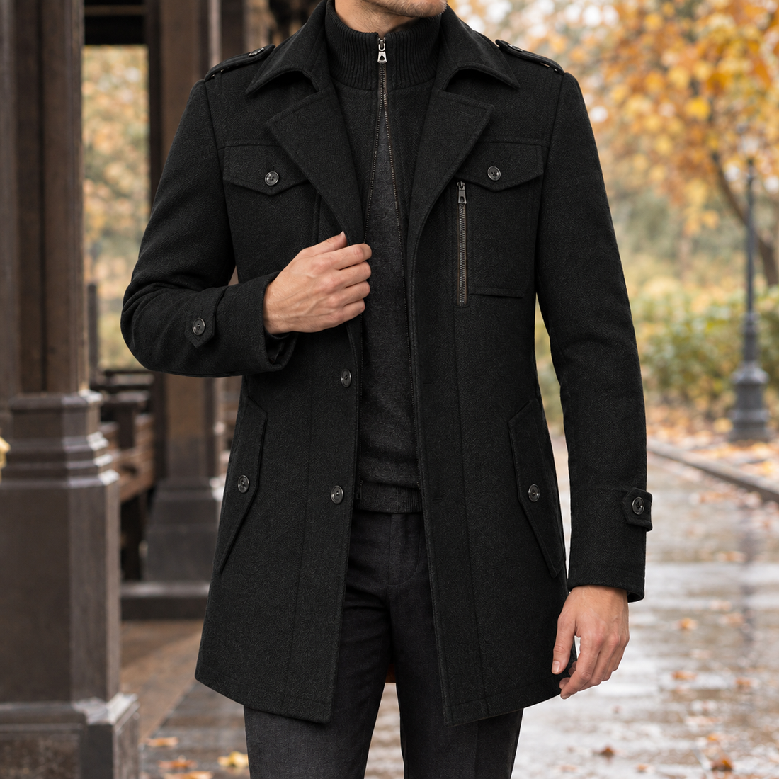 Macaire-Jude Double Collar Coat - Black