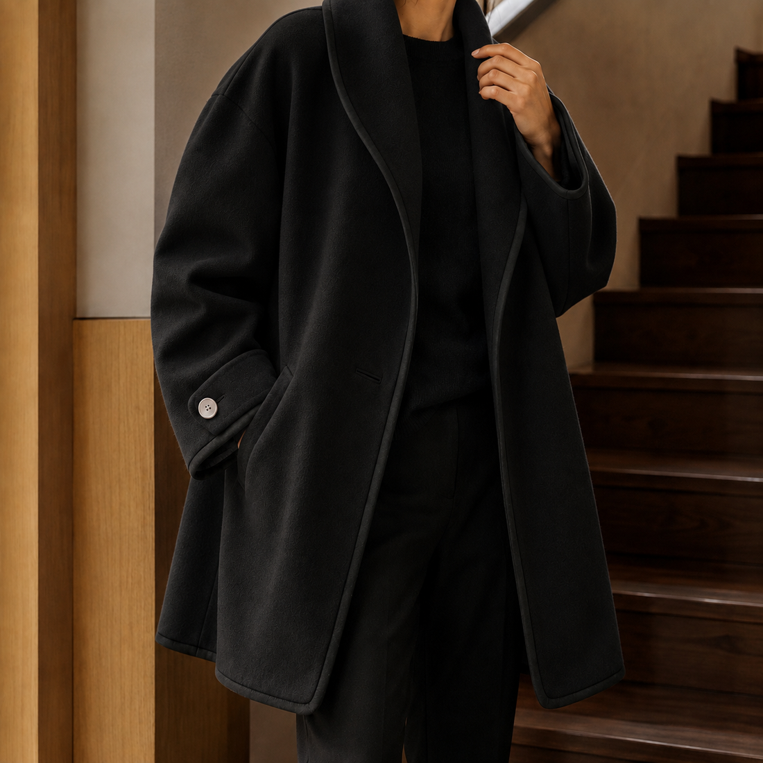 Violetta-Belle Contrast-Trim Coat - Black
