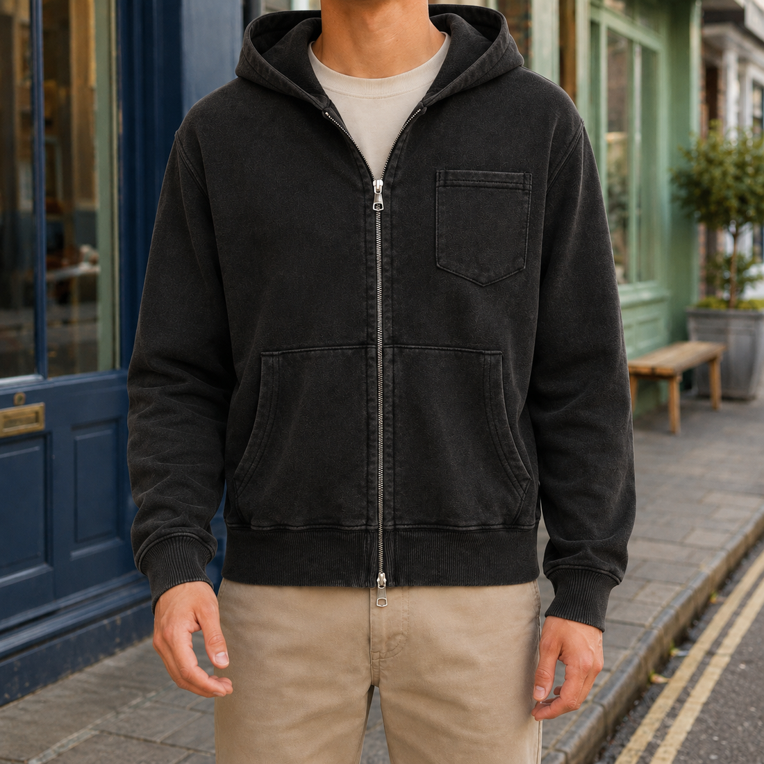 Mortimer Washed Zip Hoodie - Black
