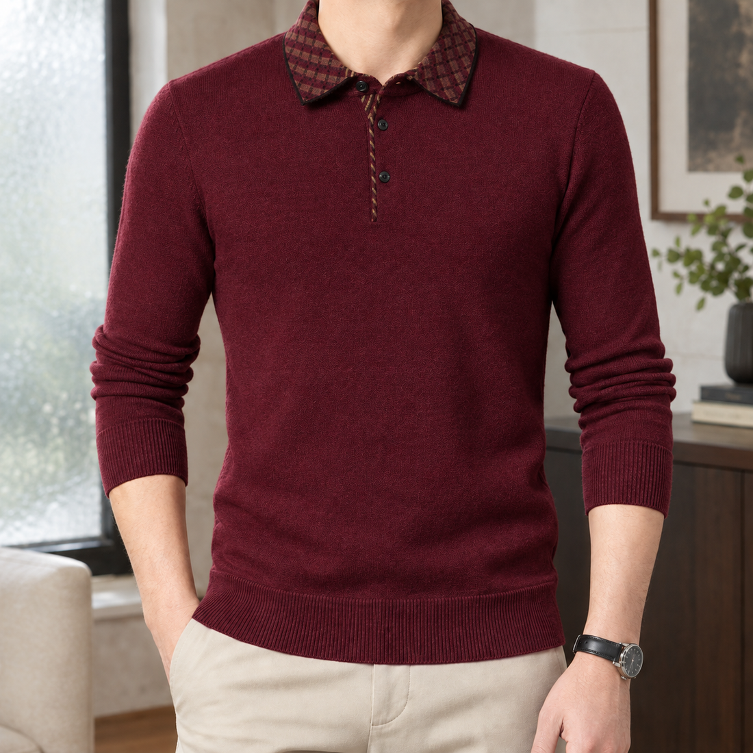 Finley Plaid Collar Sweater - Wine Red