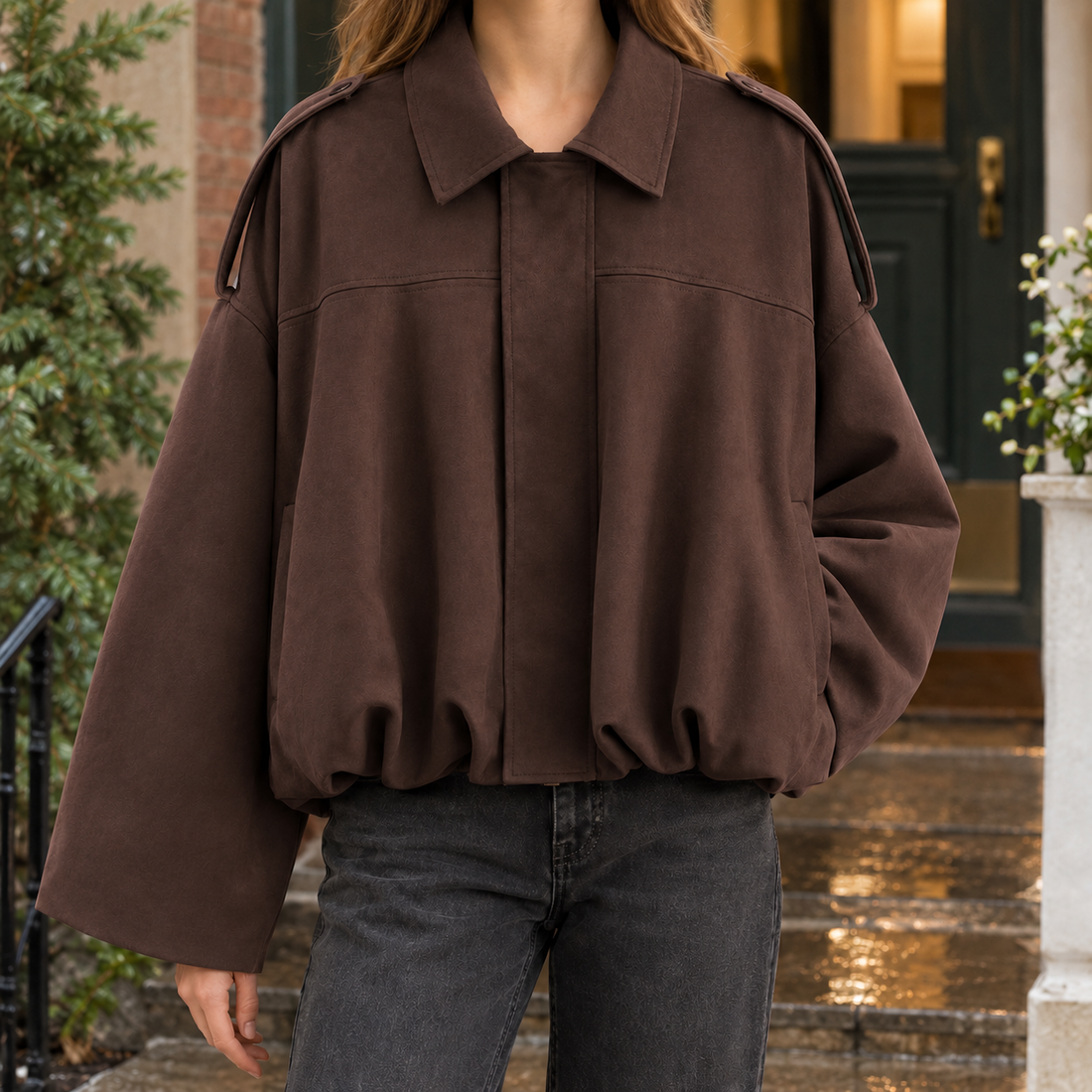 Katherine-Jane Suede Bomber Jacket - Dark Brown