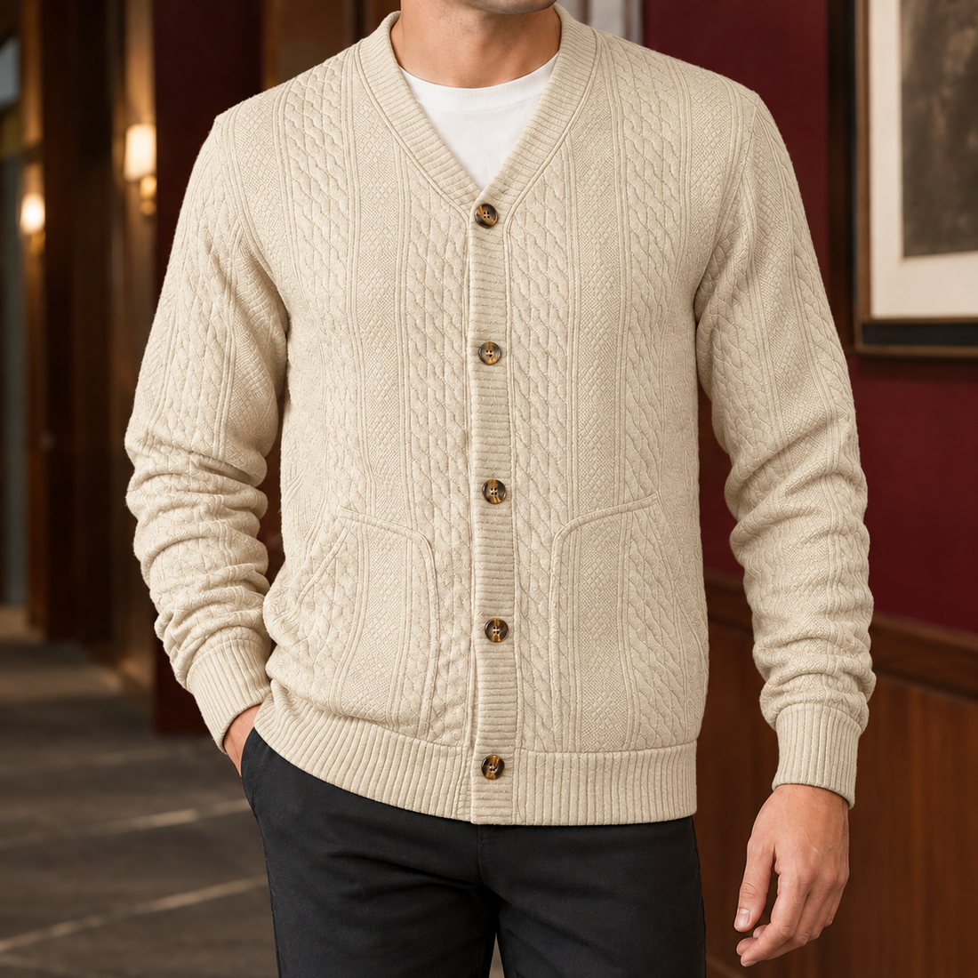 Montgomery-Tate Cable Knit Cardigan - Apricot