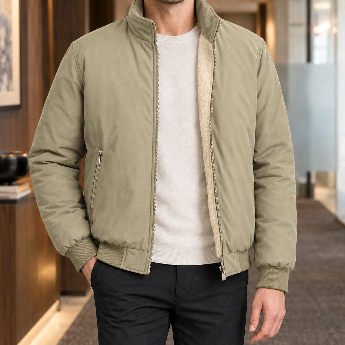 Oberon-Grant Stand Collar Jacket - Khaka Lamb
