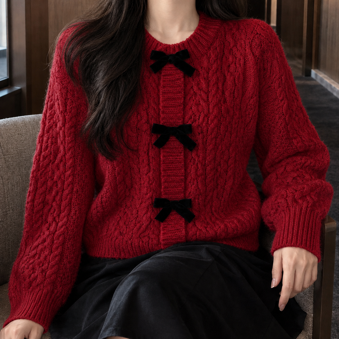Annalise-Jade Bow Cardigan - Red