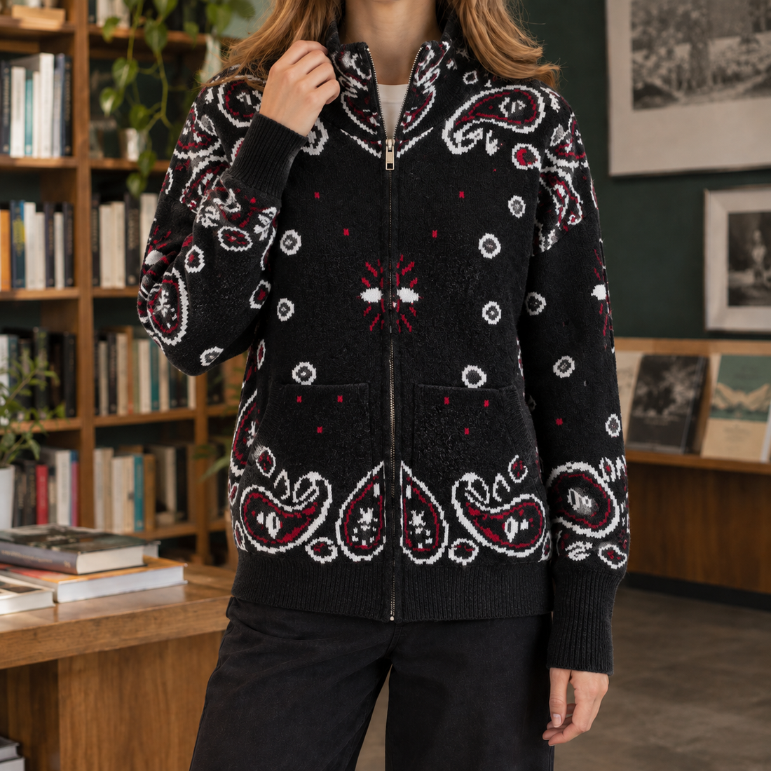 Constance Paisley Zip Sweater - Black