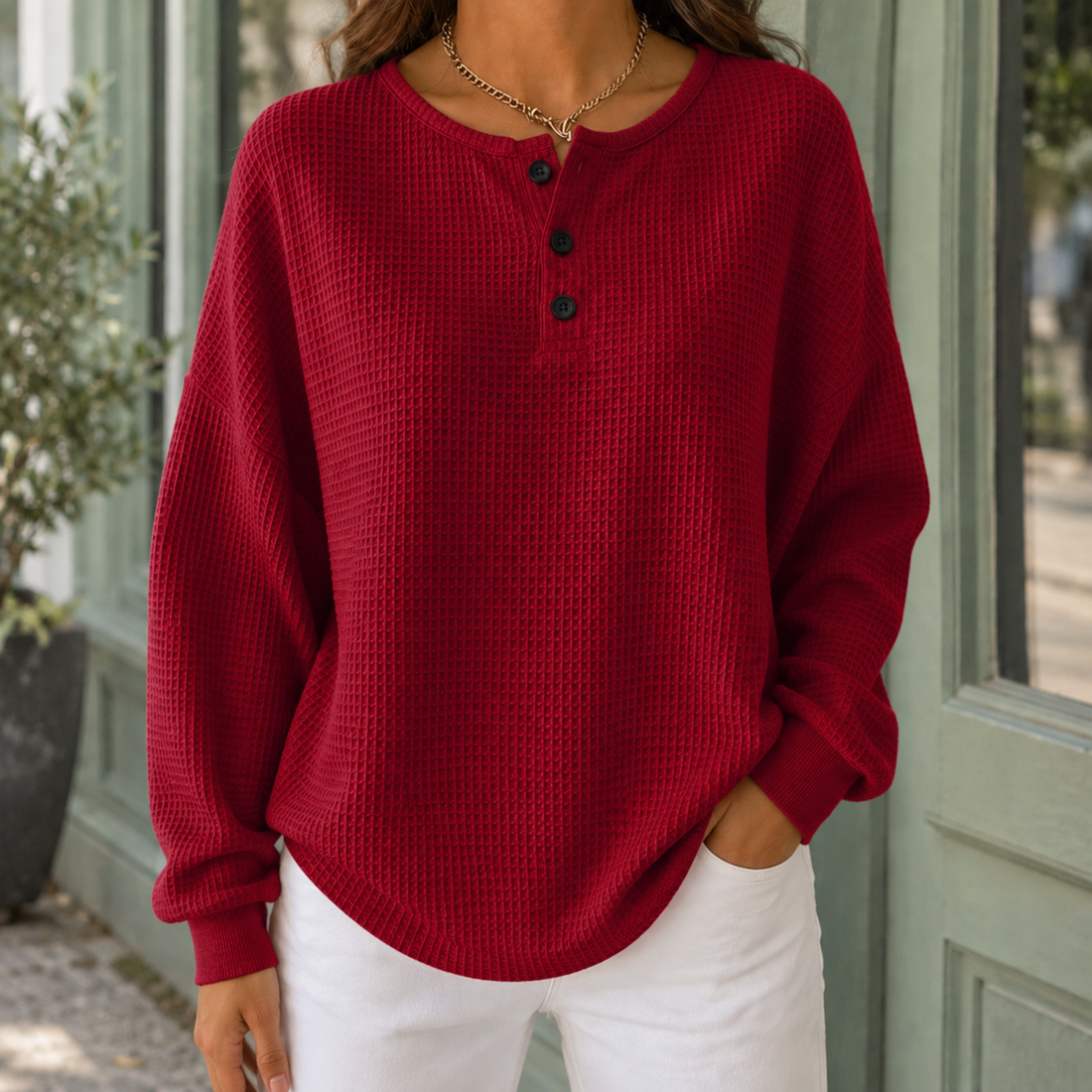 Annabel-Louise Waffle Sweater - Red