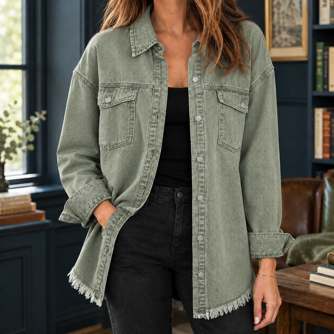 Nina-Elise Frayed Denim Overshirt - Olive Green