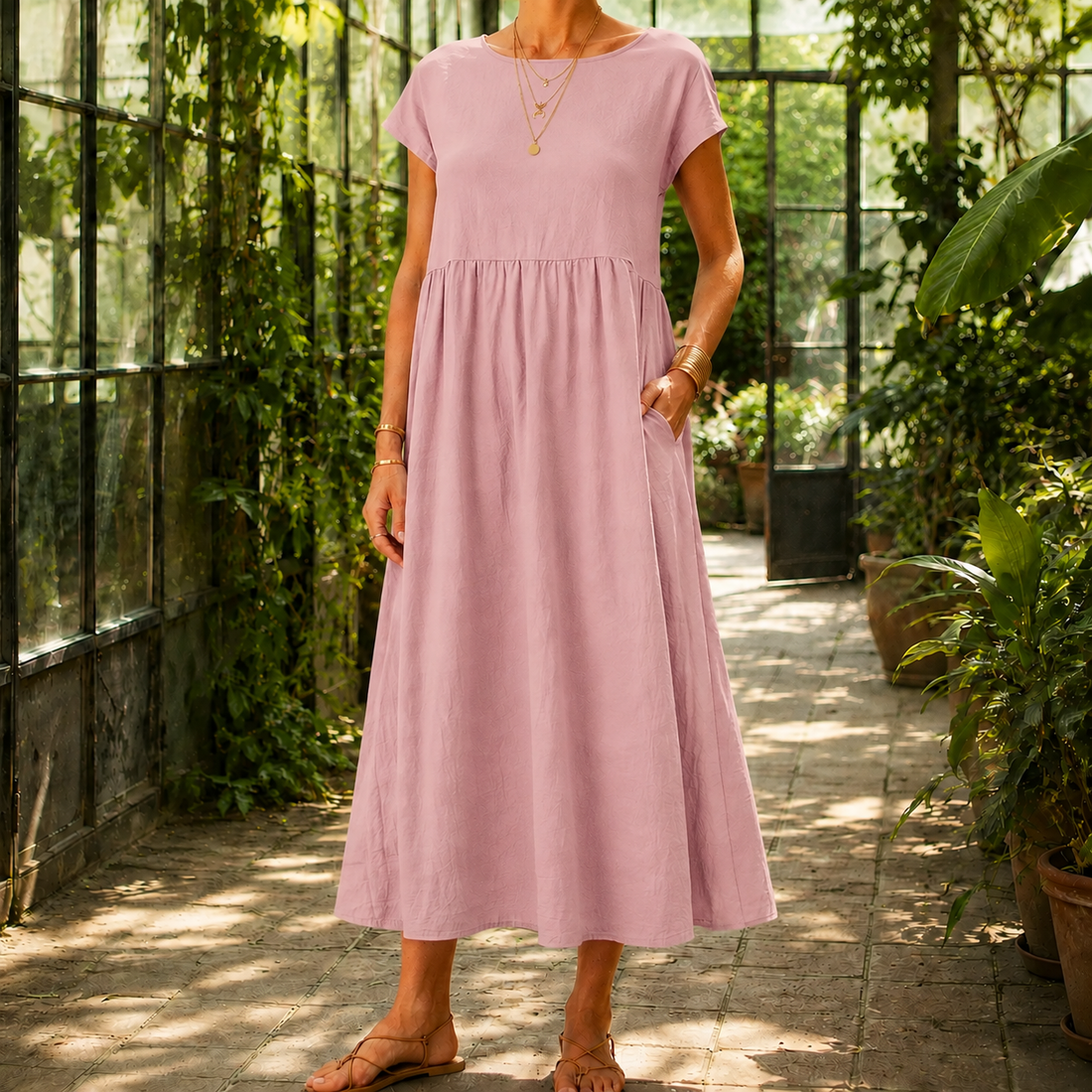 Estella Gathered Midi Dress - Pink