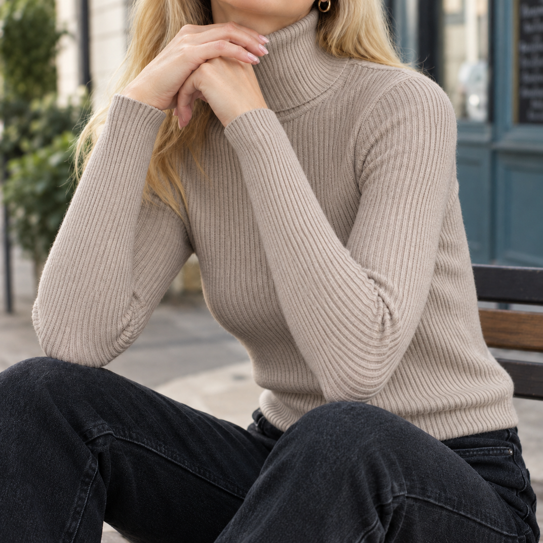 Honoria Ribbed Turtleneck Sweater - Khaki