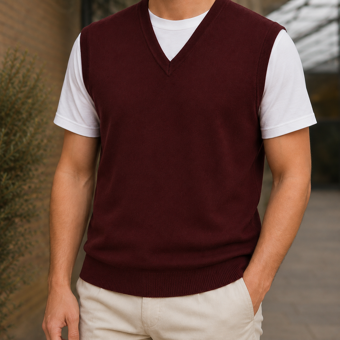 Louis V-Neck Wool Vest - Burgundy