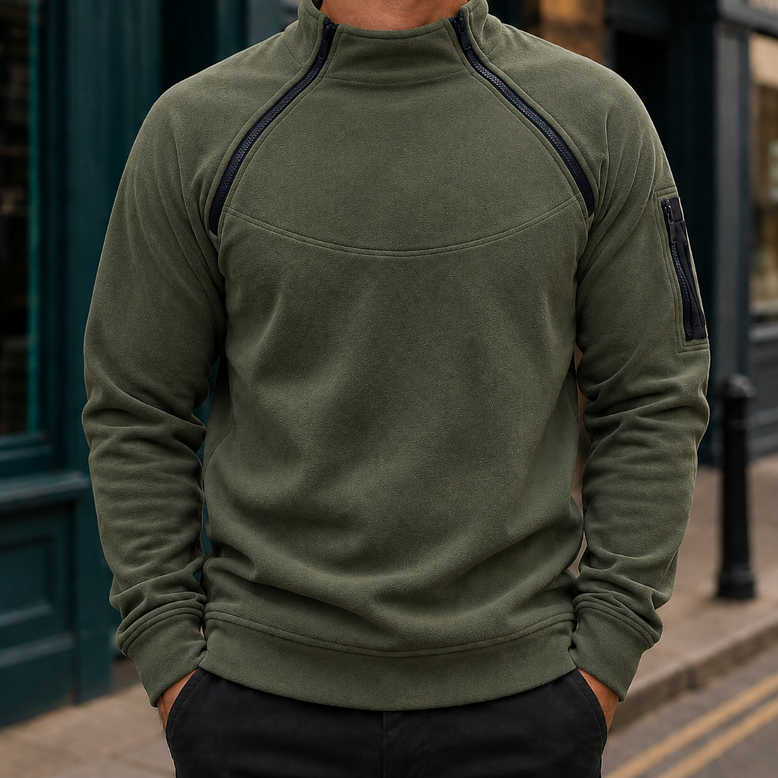 Ambrose-Stone Zip Neck Sweater - Military Green