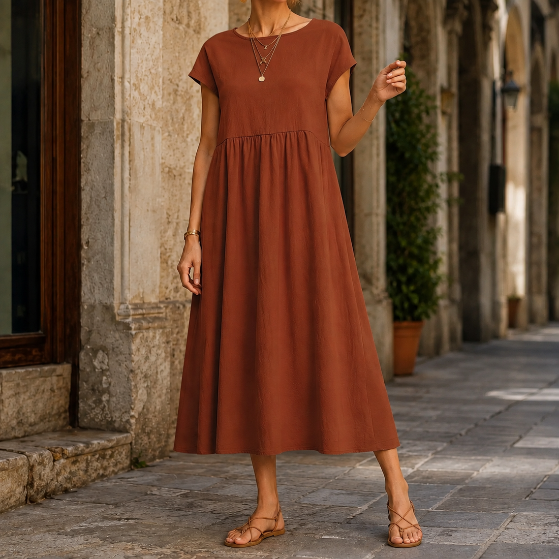 Orla-June Cotton Midi Dress - Brown