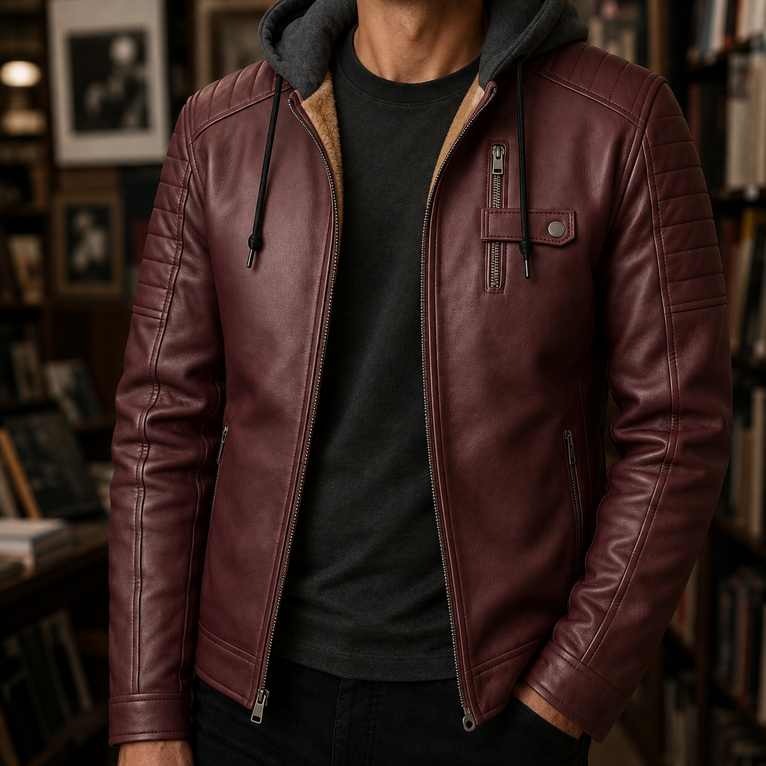 Harris-York Hooded Leather Jacket - Maroon Plum