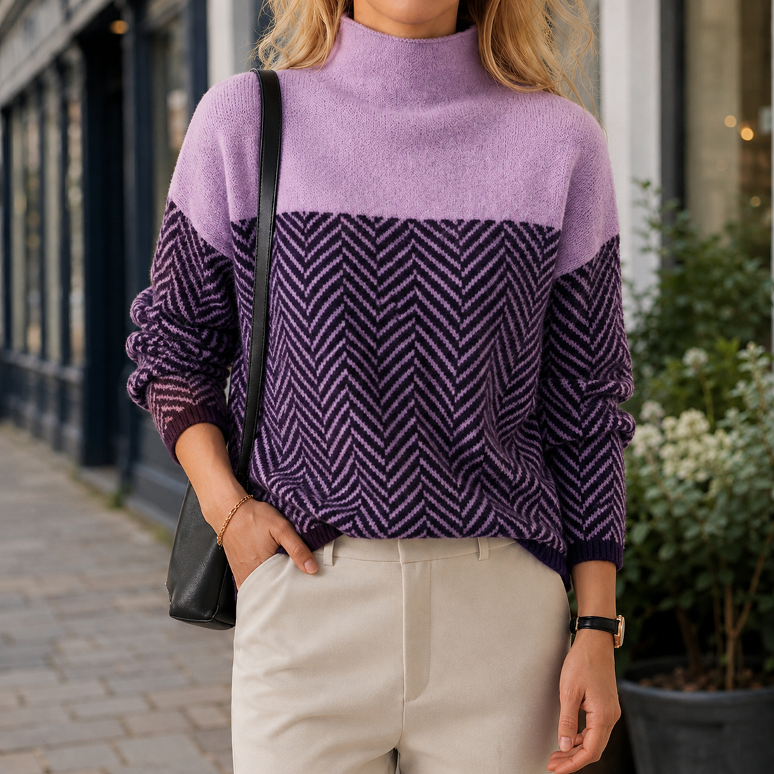 Genevieve-Pearl Roll-Neck Sweater - Purple