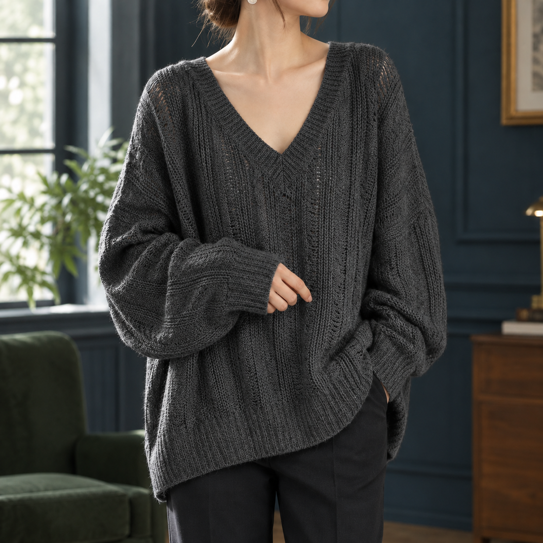 Catriona-Claire V Neck Sweater - Dark Gray