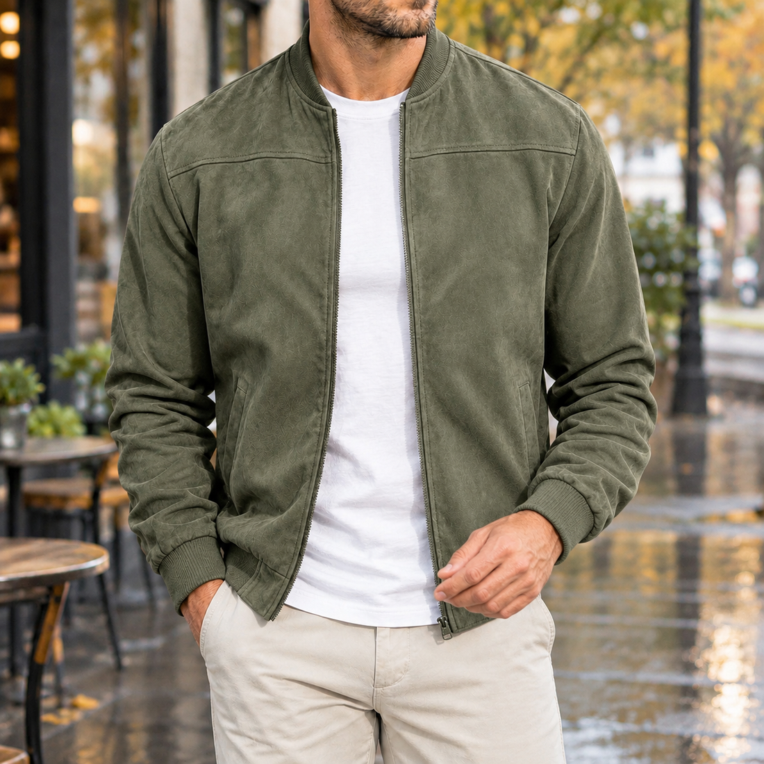 Gregory-West Suede Bomber Jacket - Military Green