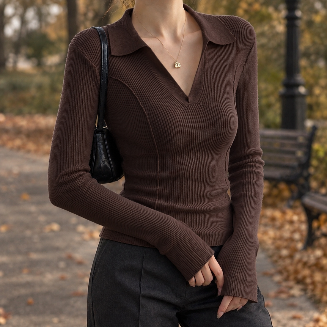 Ashley-Grace Collared Top - Coffee
