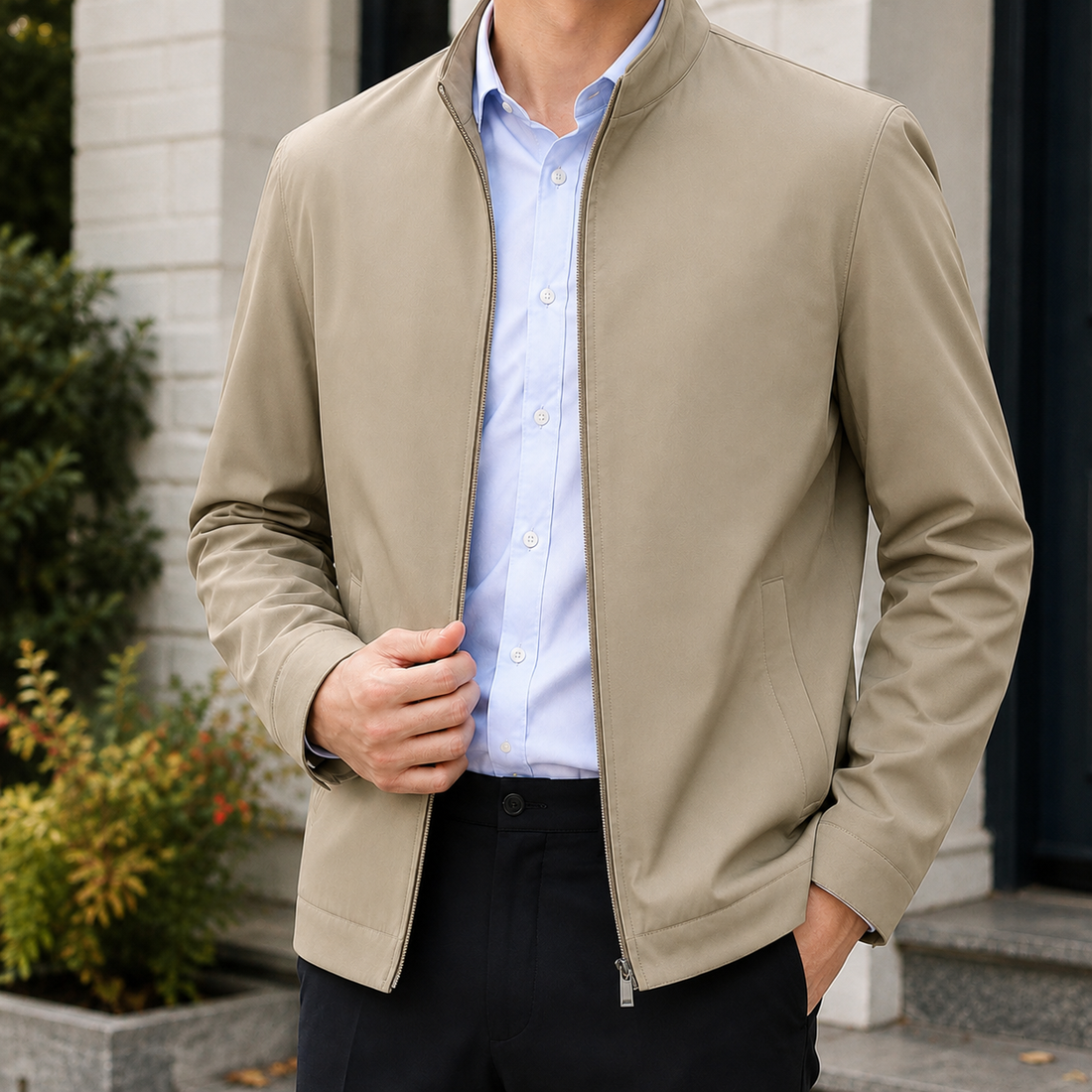 Aldous Silk Jacket - Khaki Stand Collar