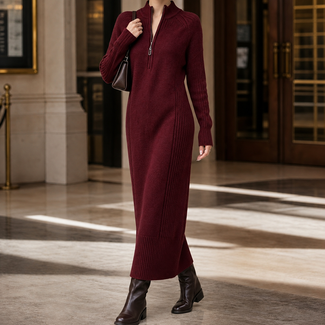 Melisande-Marie Quarter Zip Dress - Wine Red