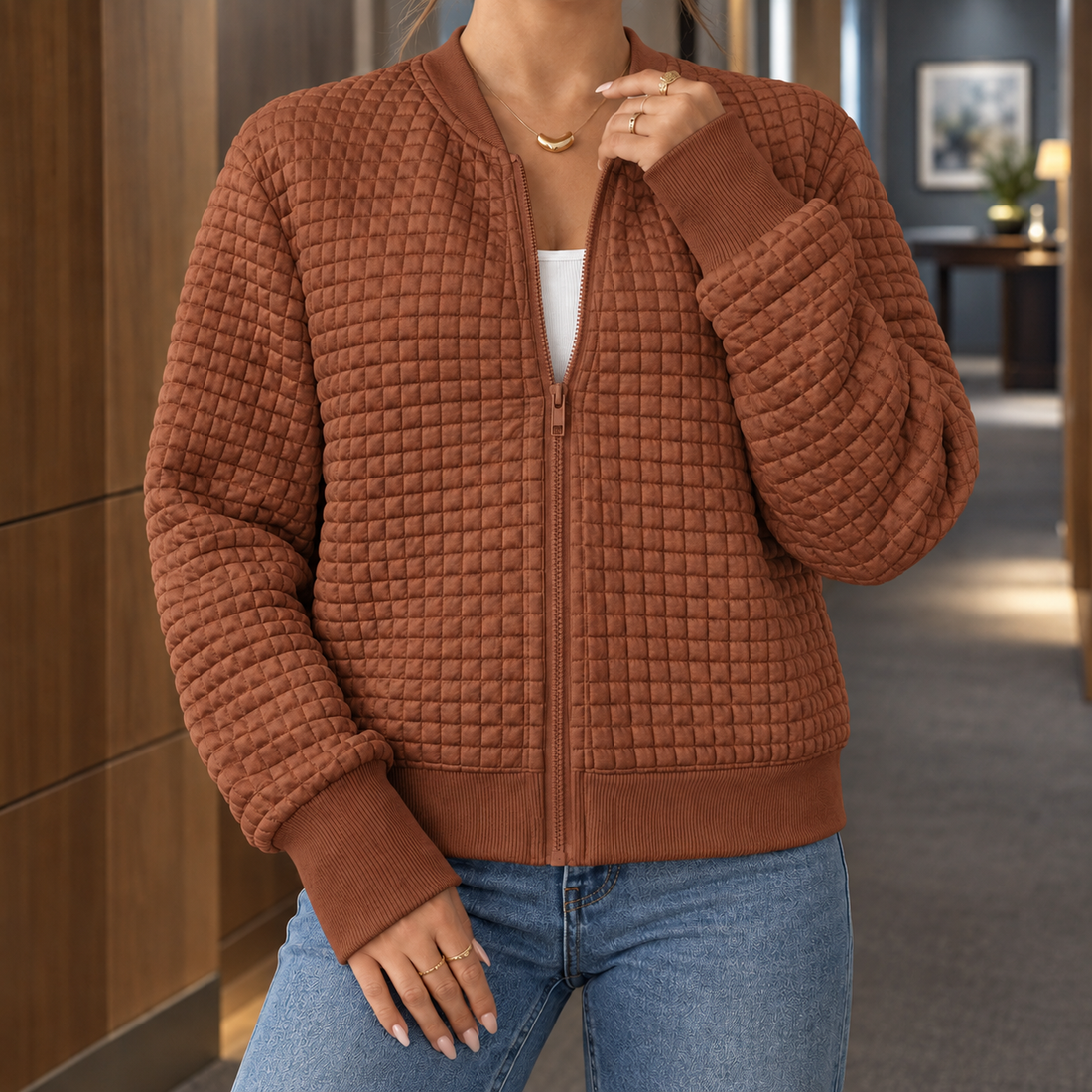 Olive Quilted Bomber Jacket - Brown