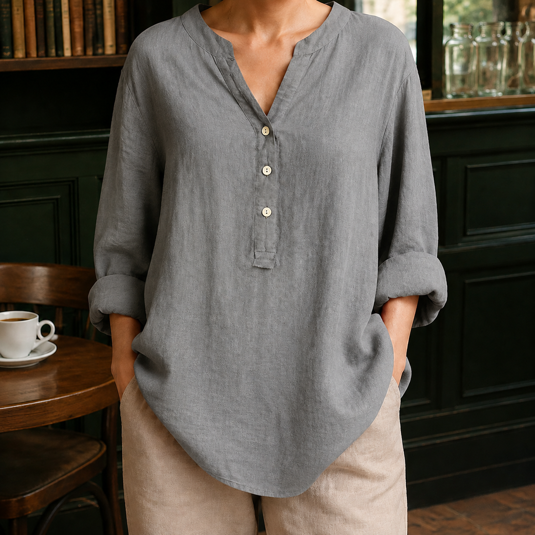 Georgina-Skye V Neck Blouse - Light Gray