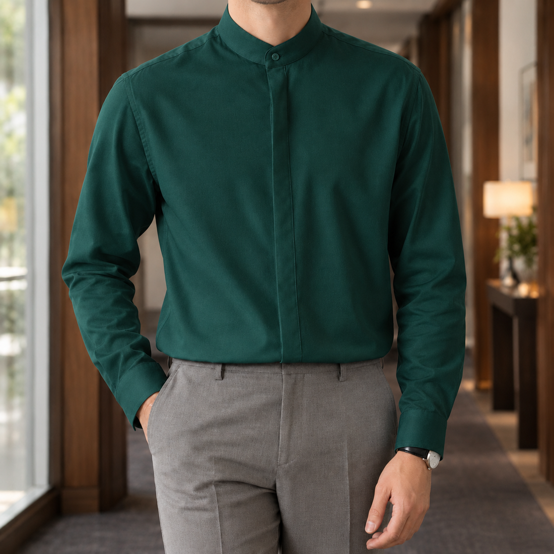 Damaso-Dean Stand Collar Shirt - Green