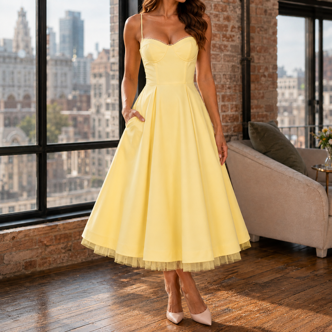 Tamsin-Skye Corset Midi Dress - Yellow