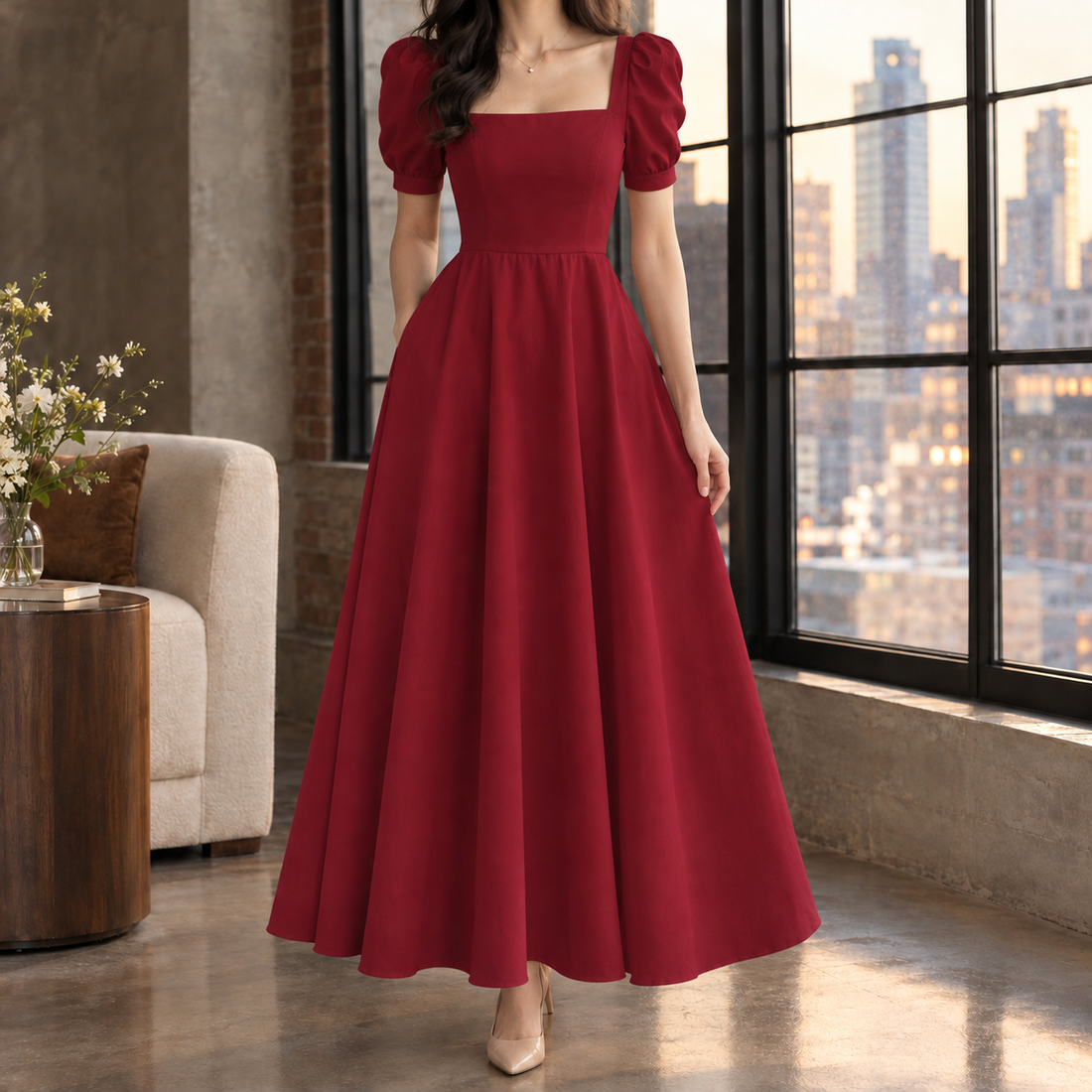 Sylvie-Hope Square Neck Dress - Red