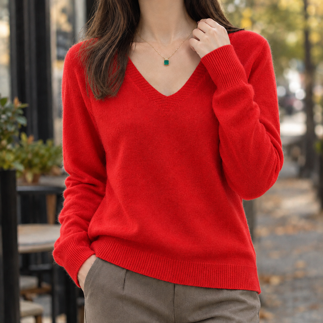 Tara-Jade V Neck Sweater - Red