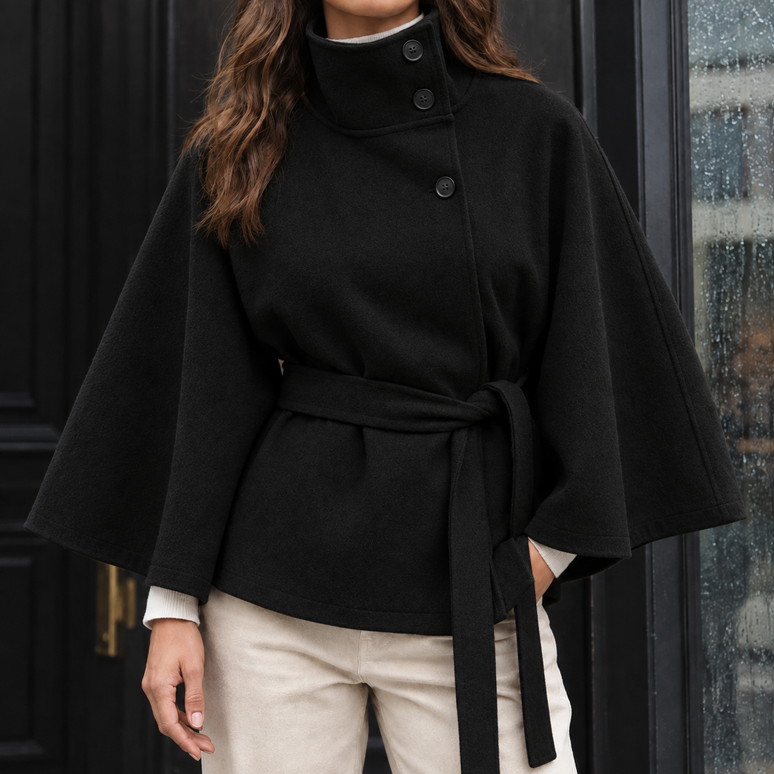 Teresa-Sage Belted Cape Jacket - Black
