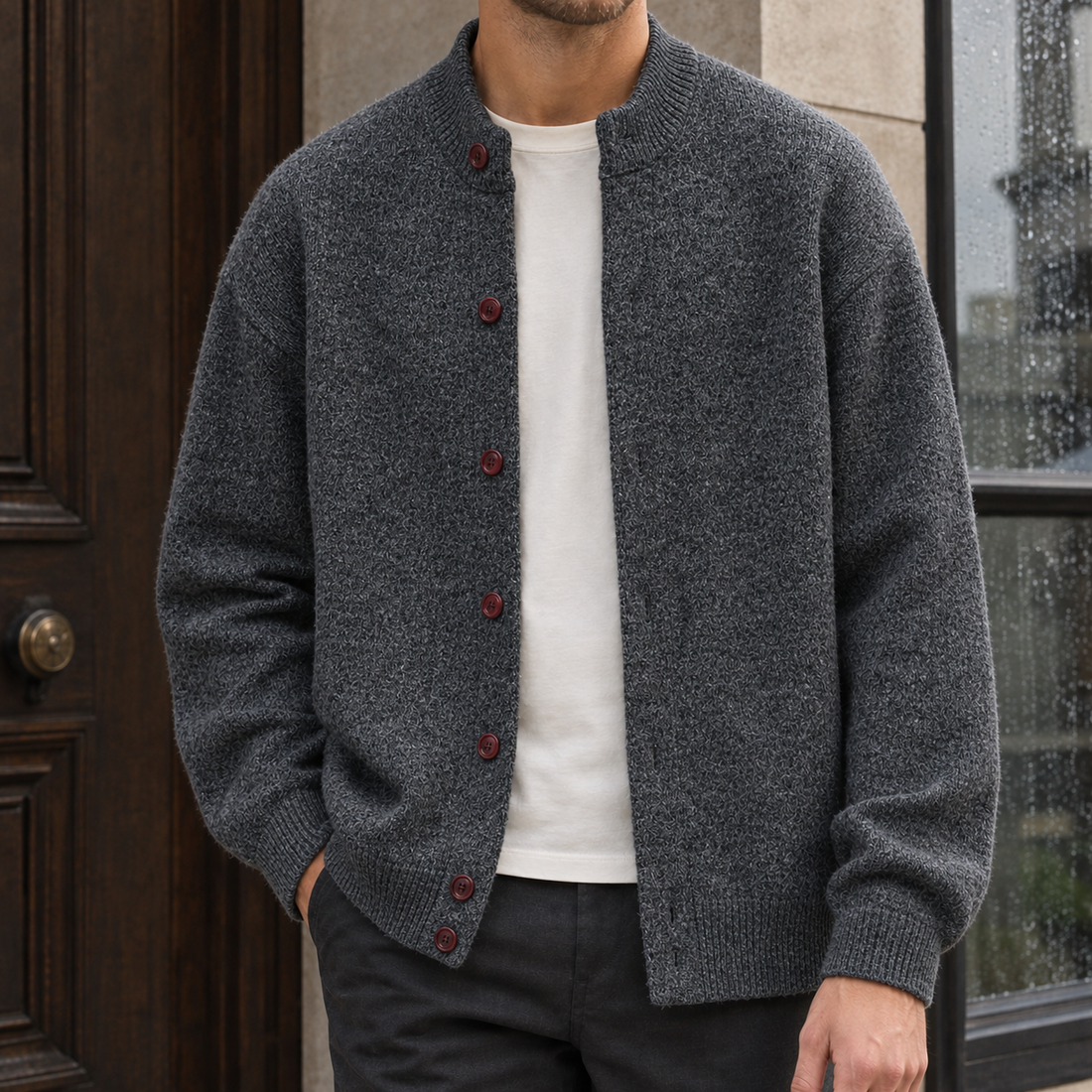 Malcolm-Grey Stand Collar Cardigan - Dark Gray