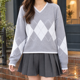 Alina-Elise Argyle Sweater - Light Gray