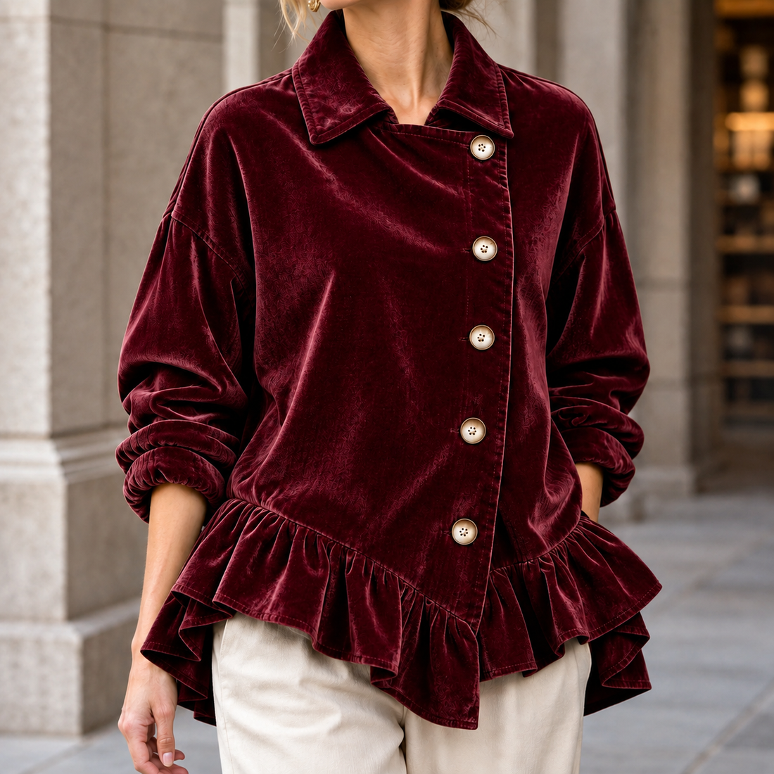 Annalise-Jane Ruffle Hem Jacket - Wine Red