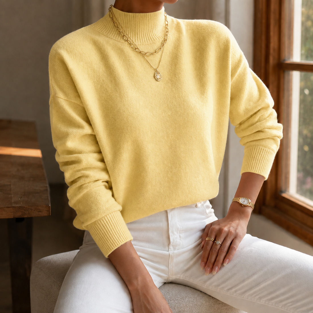 Olympia-Sage Stand Collar Sweater - Yellow