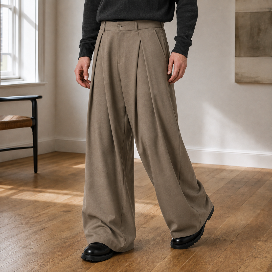 Laurent-Grey Wide Leg Pants - Khaki