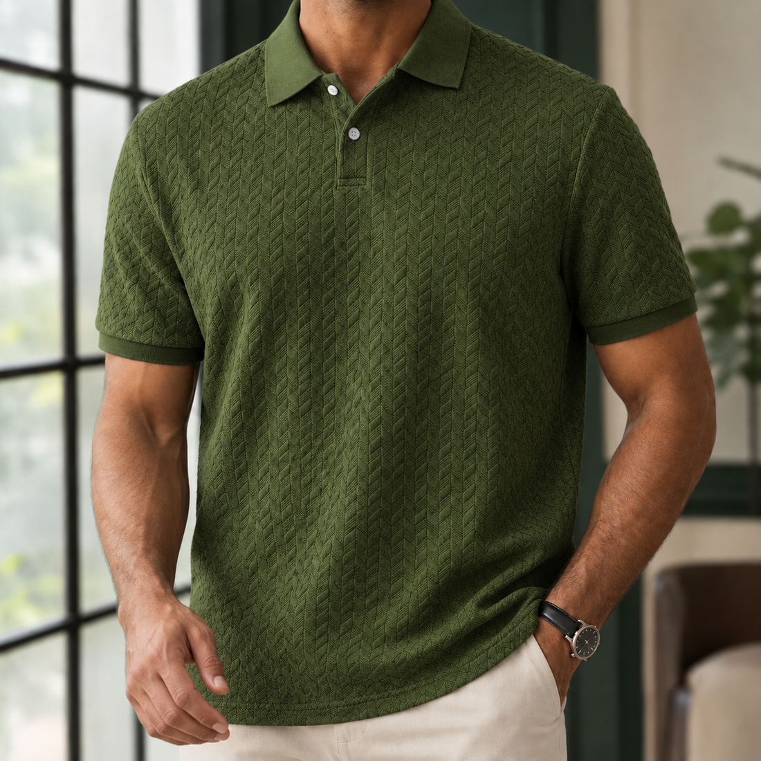 Alphonse-York Textured Polo - Army Green