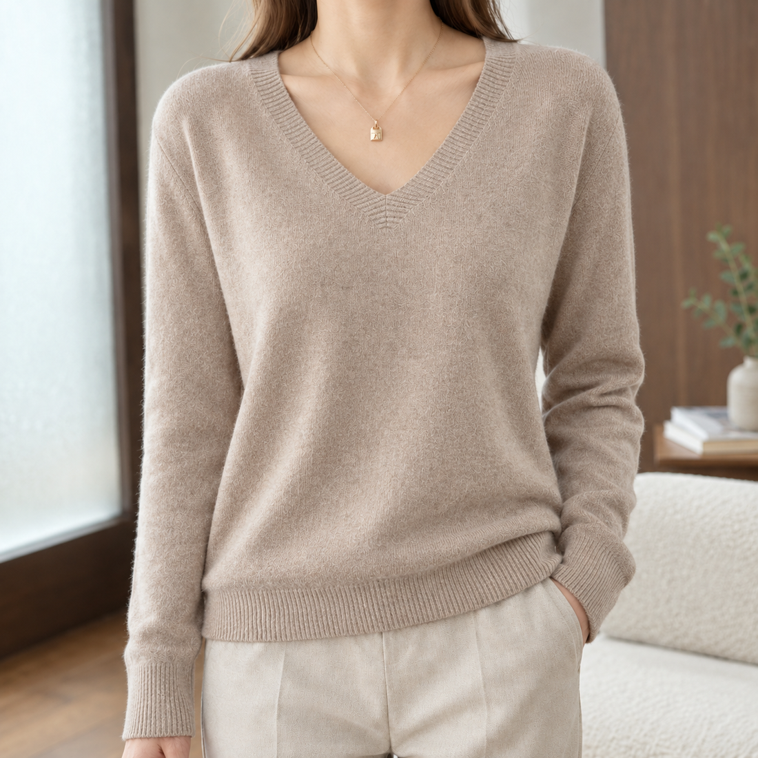Lana-Sage V-Neck Sweater - Light Camel