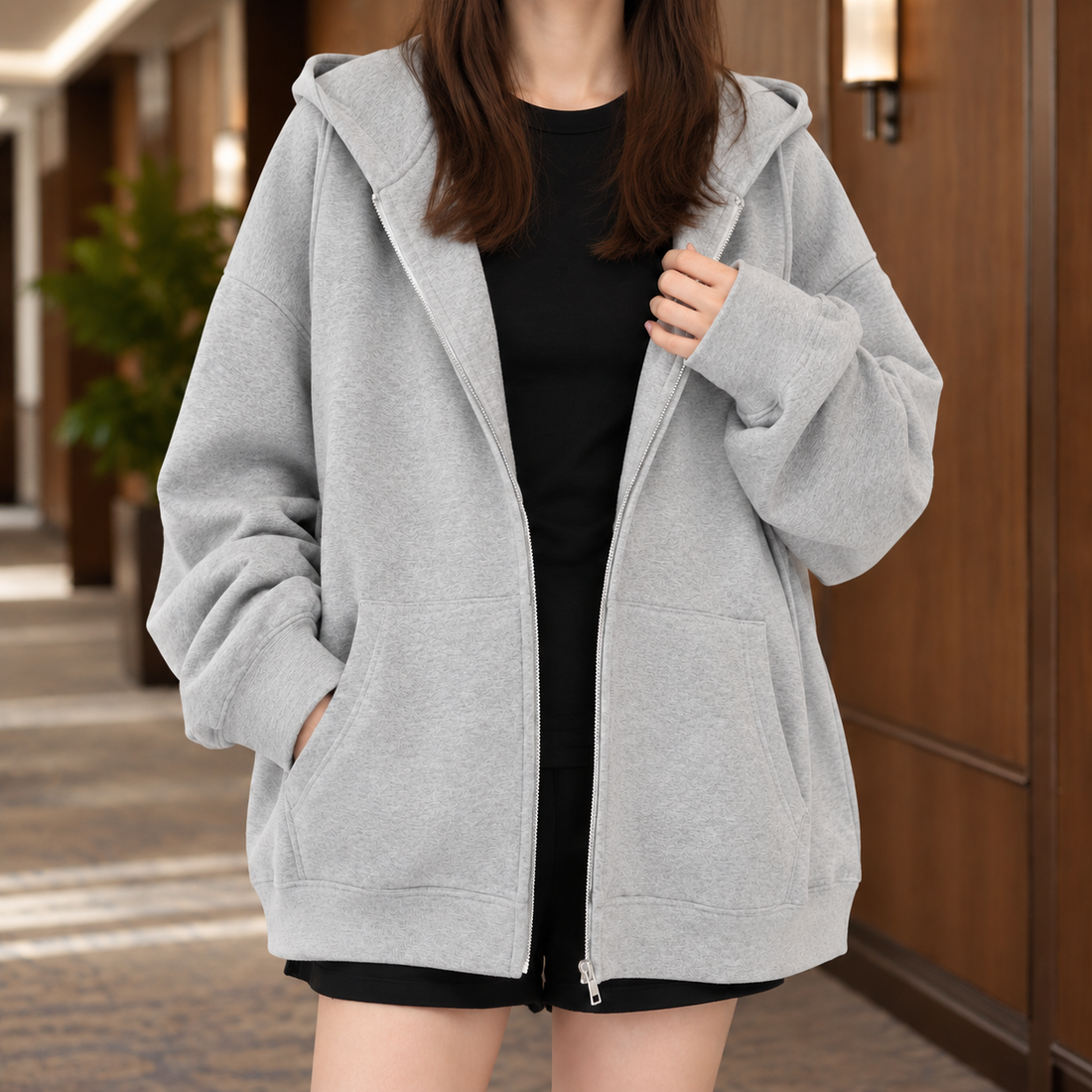 Bronwen Oversized Hoodie - Plus Velvet Light Gray
