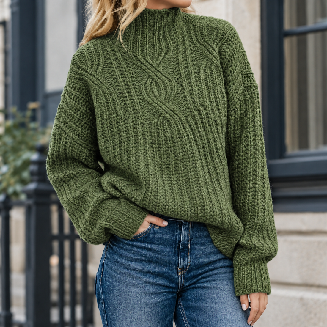 Lucille-Pearl Cable Knit Sweater - Army Green