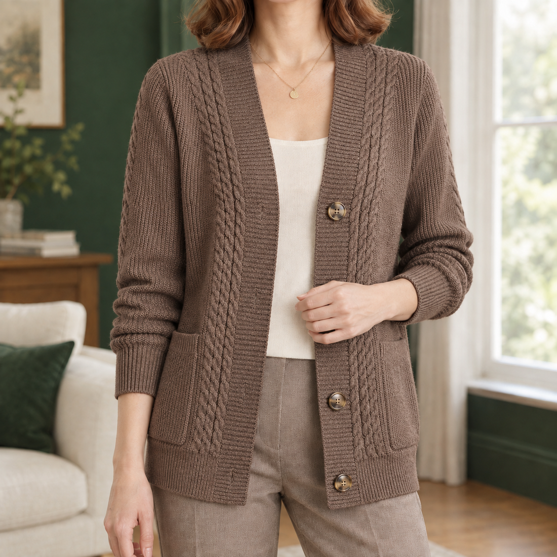 Joy Cable Knit Cardigan - Brown