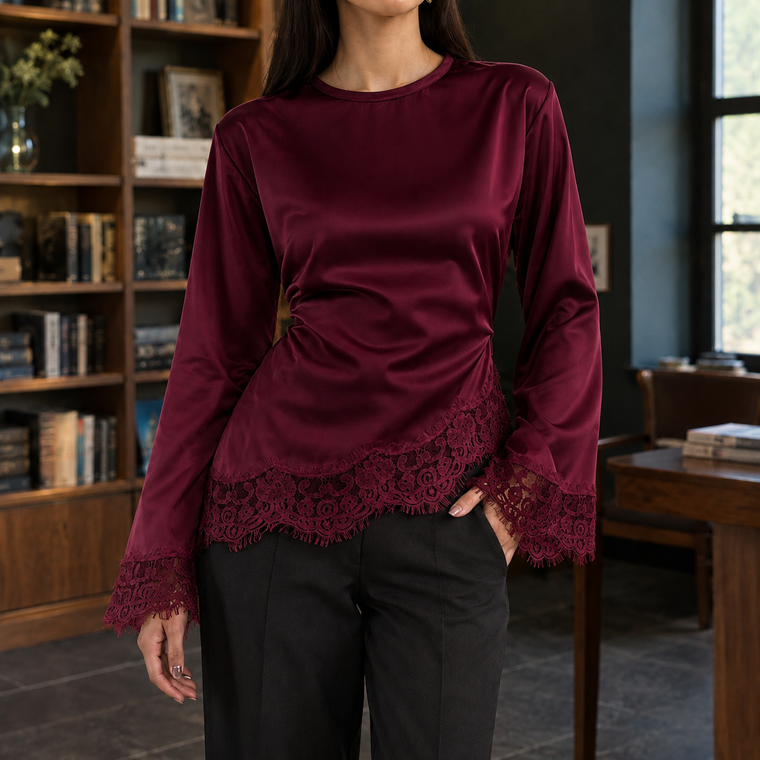 Esther-Jade Asymmetric Lace Top - Wine Red