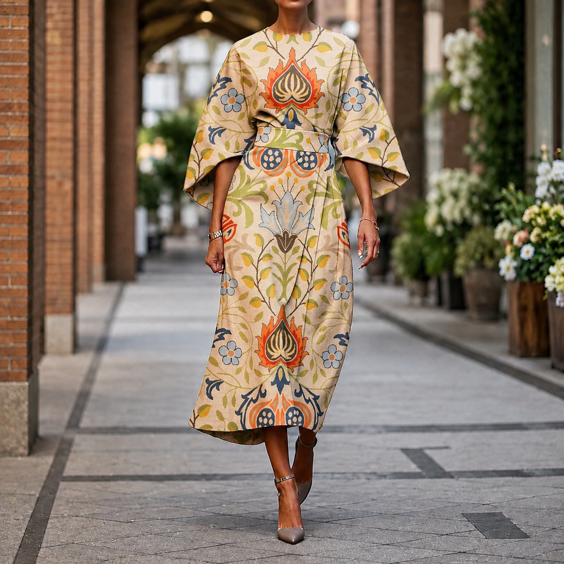 Sofia Batwing Midi Dress - Beige