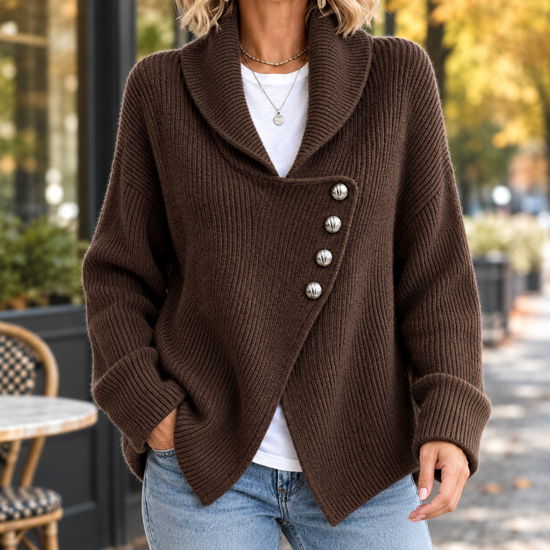 Elowen-Jane Asymmetric Knit Cardigan - Coffee