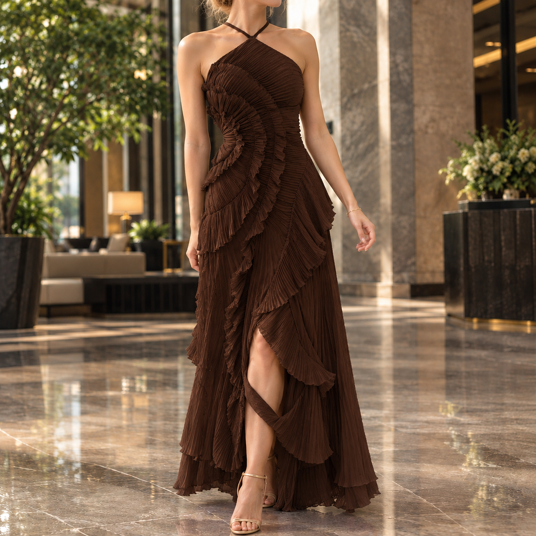 Erin Halter Ruffle Dress - Brown