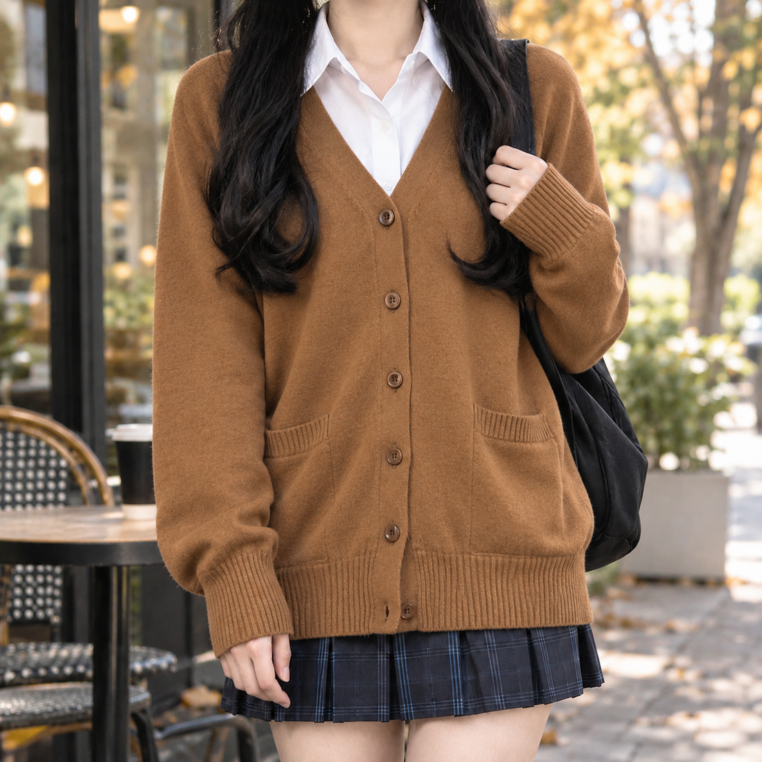 Ilaria-Lane V Neck Cardigan - Brown