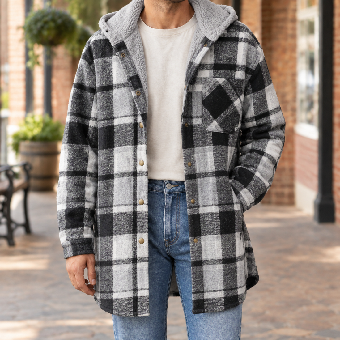 Fabian-Wren Hooded Plaid Jacket - Black