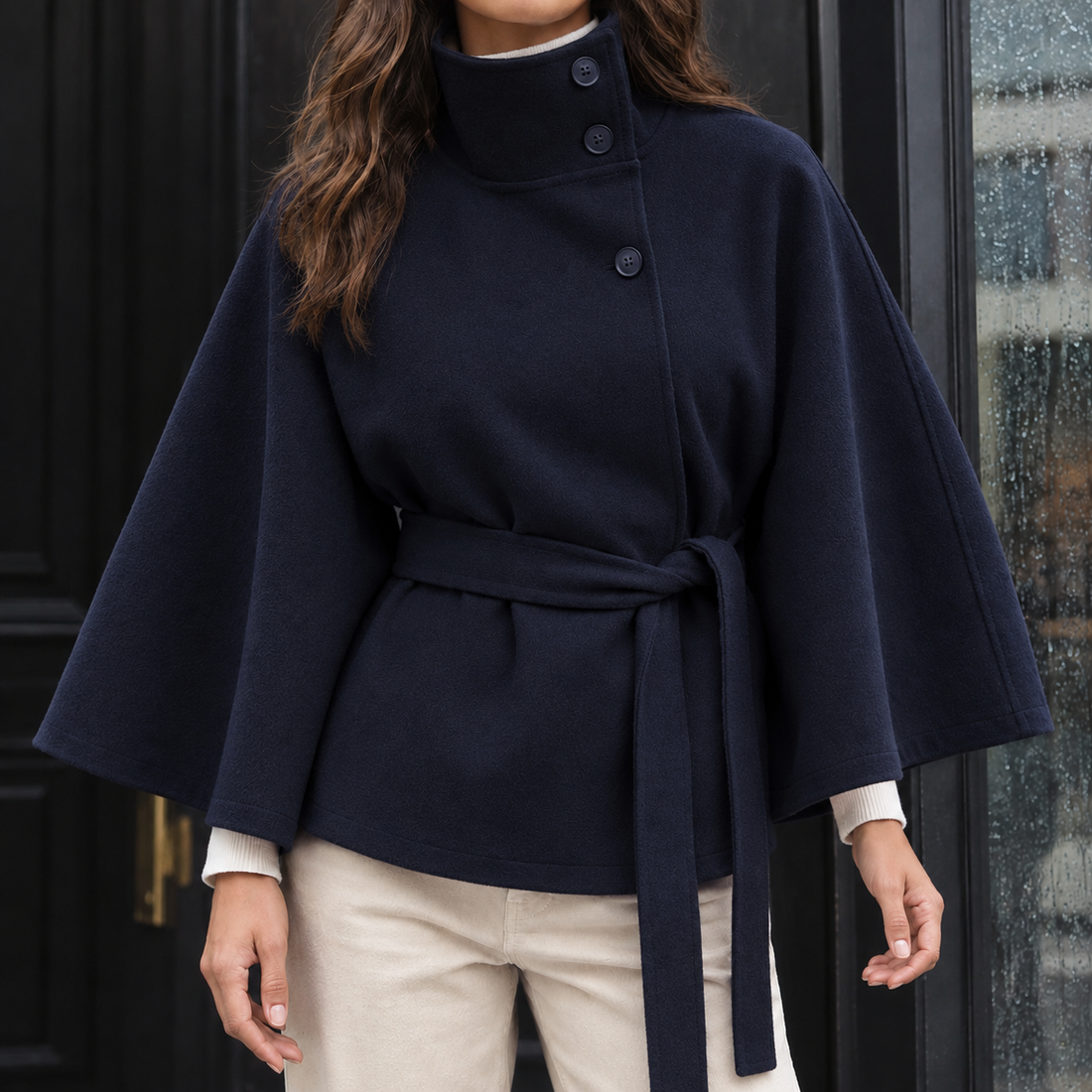 Teresa-Sage Belted Cape Jacket - Navy Blue