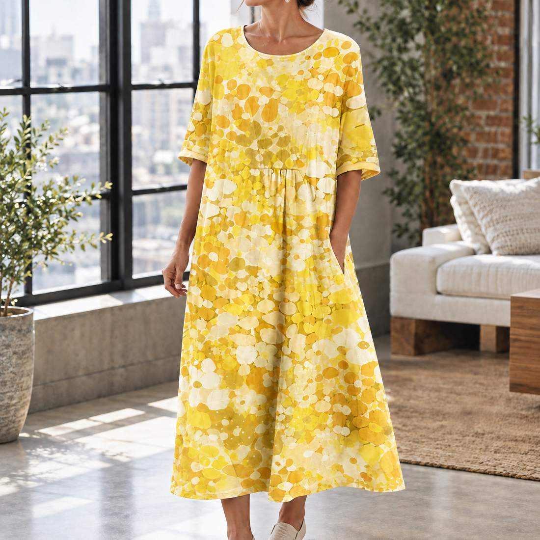 Blair-Pearl Gathered A-Line Dress - Yellow