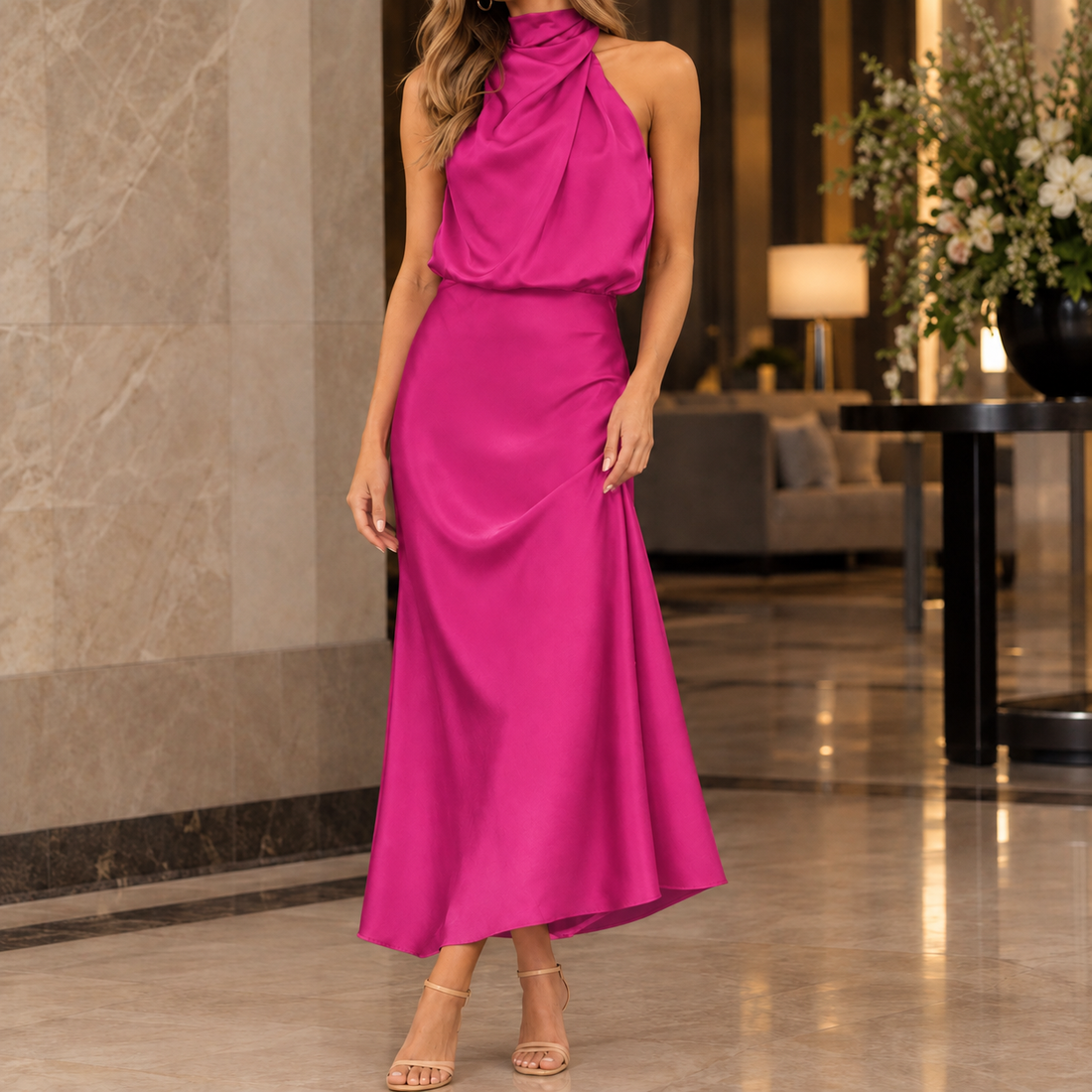Ludovica-Marie Draped Midi Dress - Rose Red