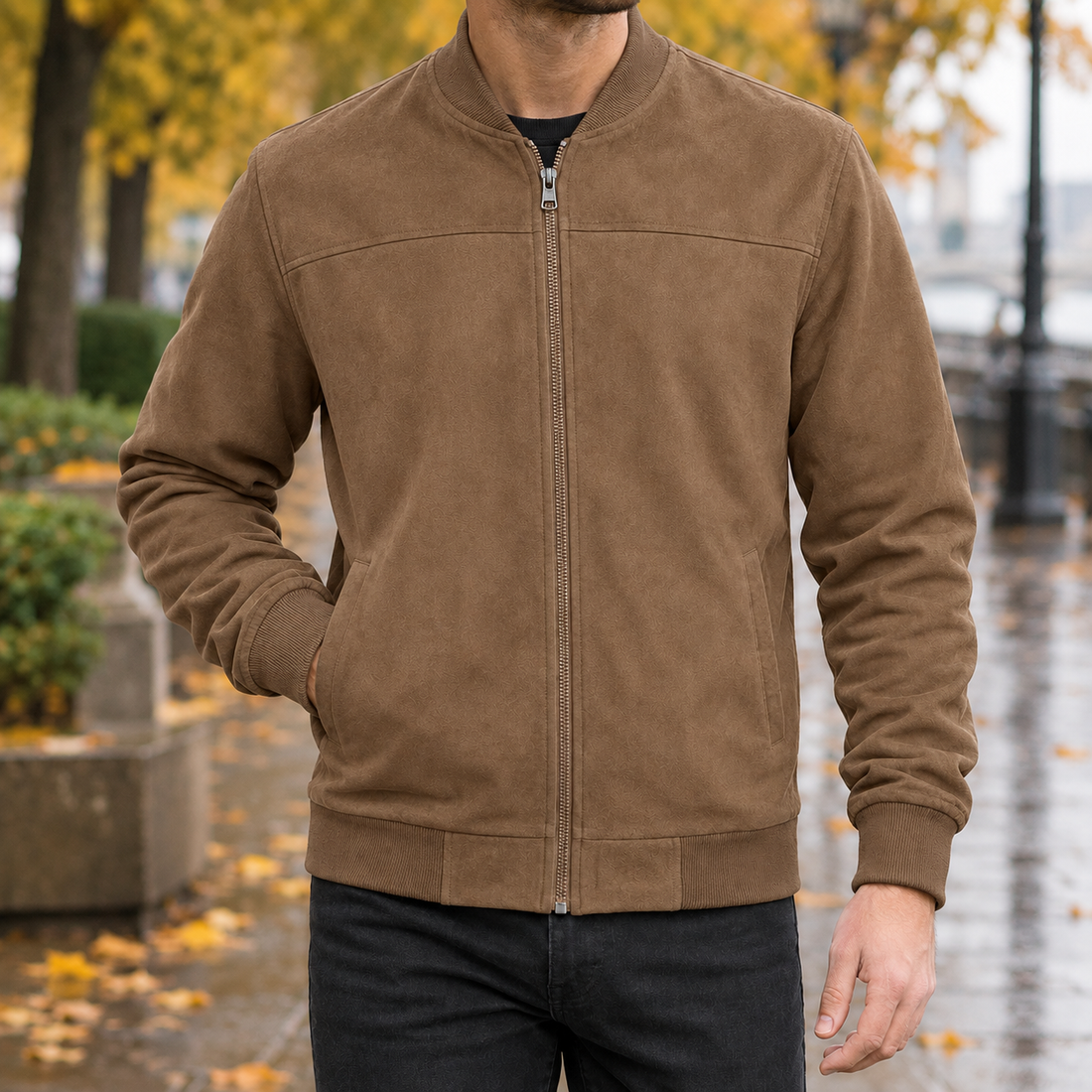 Rufus-Grey Suede Bomber Jacket - Camel